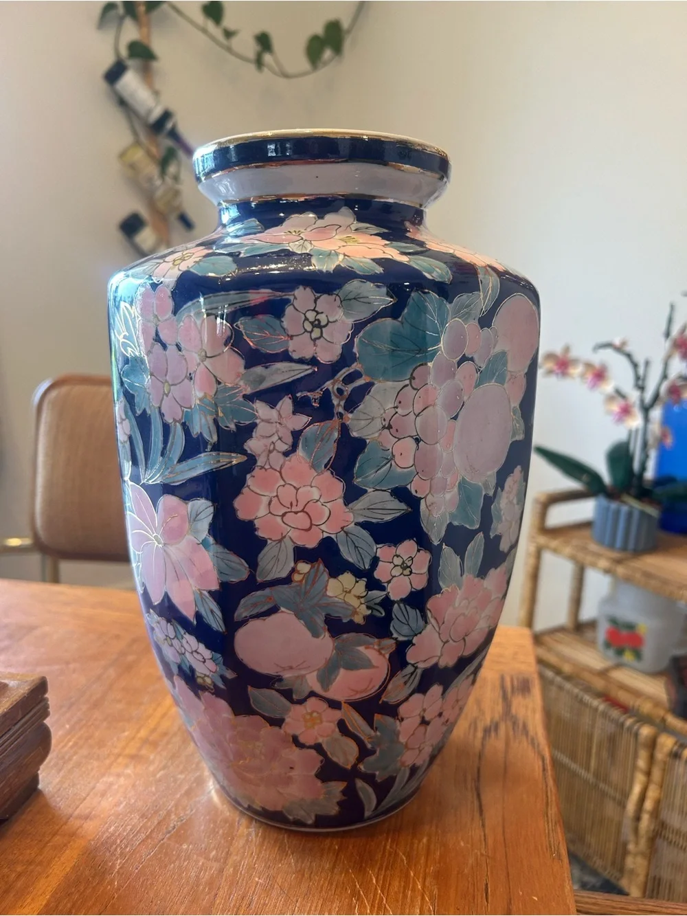 Vintage Pier 1 Cobalt Blue Floral Porcelain Vase | Hand Painted Pink Flowers